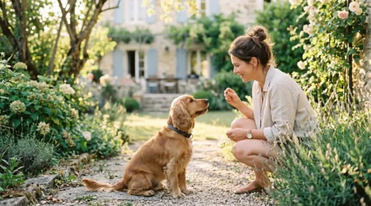 Propriétaire et chien de type Cocker dans un jardin résidentiel lors d'une séance d'éducation positive avec friandises, interaction calme et attentive, lumière naturelle d'après-midi