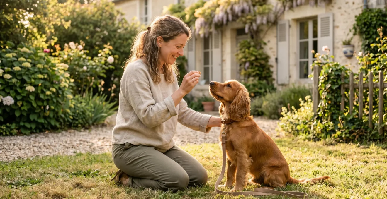 Propriétaire et chien de type Cocker dans un jardin résidentiel lors d'une séance d'éducation positive avec friandises, interaction calme et attentive, lumière naturelle d'après-midi