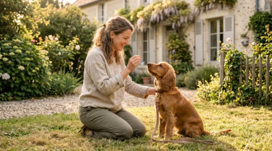 Propriétaire et chien de type Cocker dans un jardin résidentiel lors d'une séance d'éducation positive avec friandises, interaction calme et attentive, lumière naturelle d'après-midi
