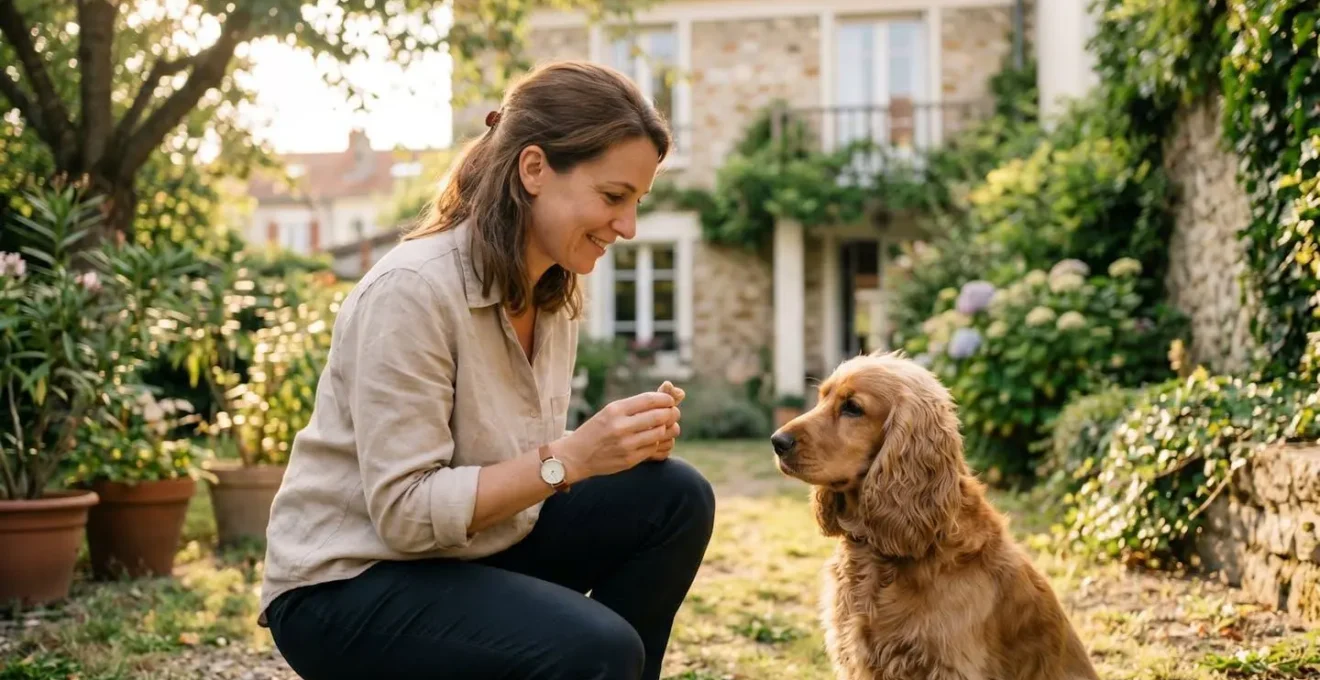 Propriétaire et chien de type Cocker dans un jardin résidentiel lors d'une séance d'éducation positive avec friandises, interaction calme et attentive, lumière naturelle d'après-midi