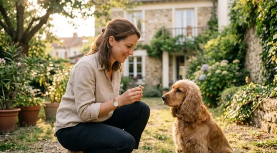 Propriétaire et chien de type Cocker dans un jardin résidentiel lors d'une séance d'éducation positive avec friandises, interaction calme et attentive, lumière naturelle d'après-midi