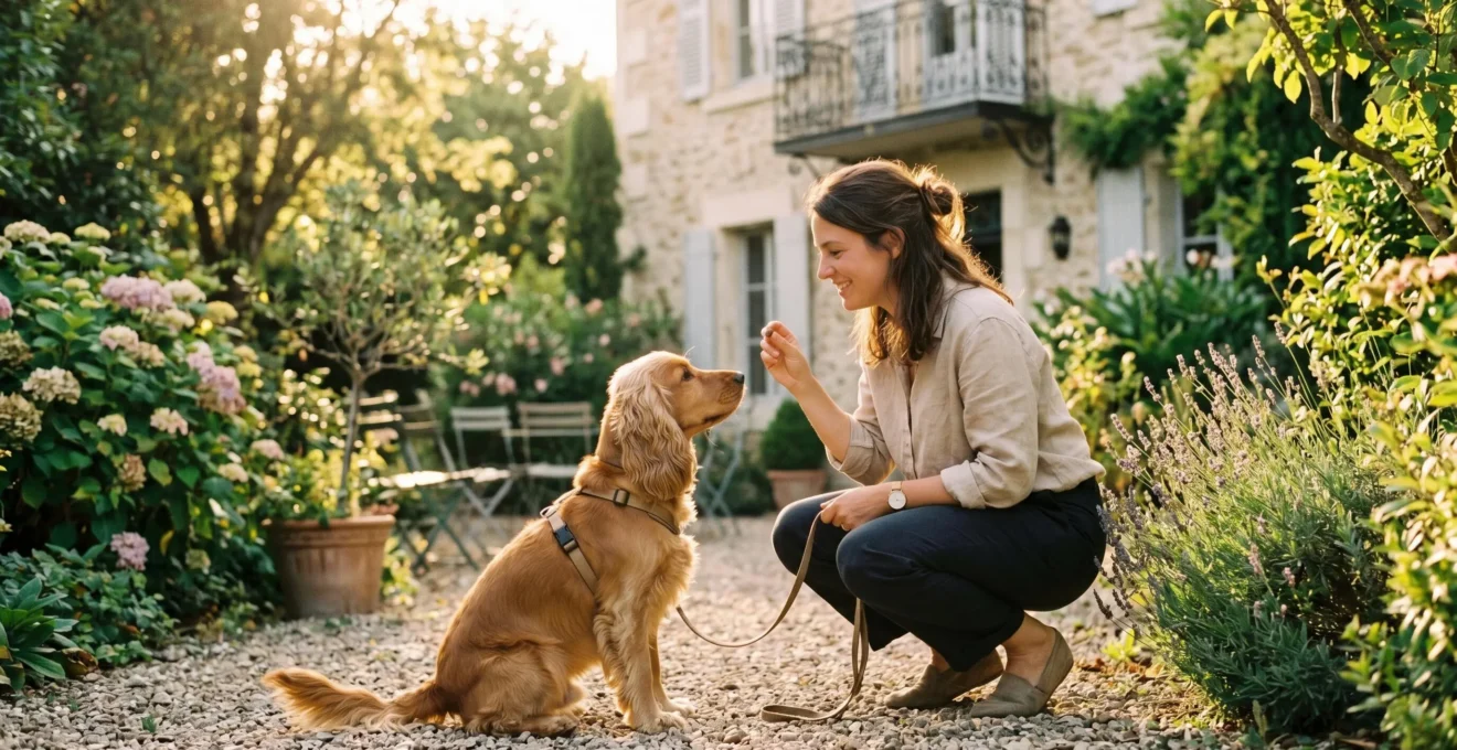 Propriétaire et chien de type Cocker dans un jardin résidentiel lors d'une séance d'éducation positive avec friandises, interaction calme et attentive, lumière naturelle d'après-midi