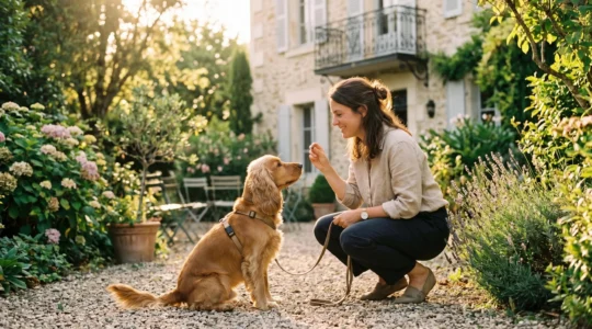 Propriétaire et chien de type Cocker dans un jardin résidentiel lors d'une séance d'éducation positive avec friandises, interaction calme et attentive, lumière naturelle d'après-midi