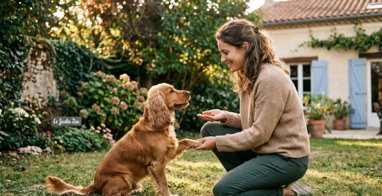 Propriétaire et chien de type Cocker dans un jardin résidentiel lors d'une séance d'éducation positive avec friandises, interaction calme et attentive, lumière naturelle d'après-midi
