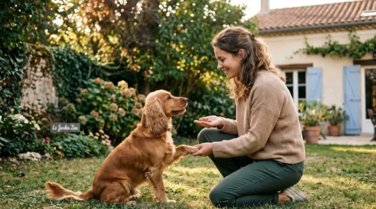 Propriétaire et chien de type Cocker dans un jardin résidentiel lors d'une séance d'éducation positive avec friandises, interaction calme et attentive, lumière naturelle d'après-midi