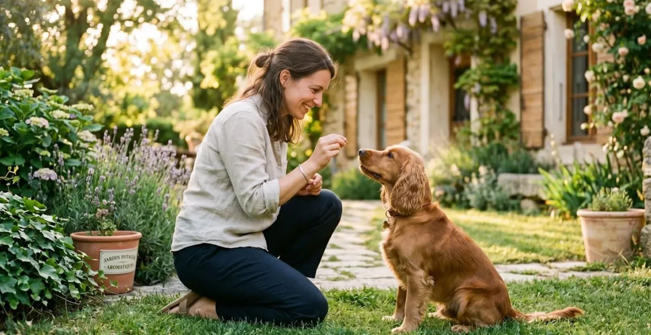 Propriétaire et chien de type Cocker dans un jardin résidentiel lors d'une séance d'éducation positive avec friandises, interaction calme et attentive, lumière naturelle d'après-midi