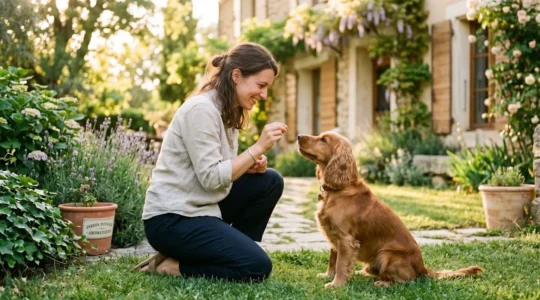 Propriétaire et chien de type Cocker dans un jardin résidentiel lors d'une séance d'éducation positive avec friandises, interaction calme et attentive, lumière naturelle d'après-midi