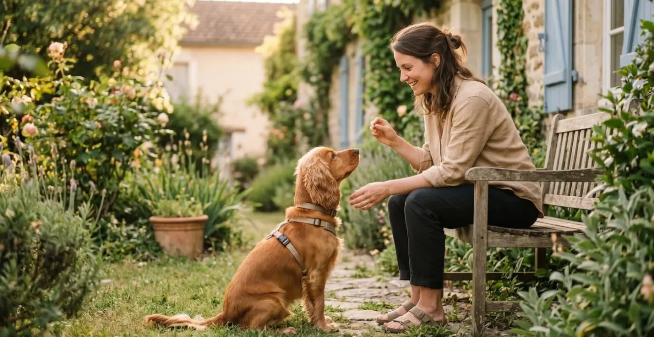 Propriétaire et chien de type Cocker dans un jardin résidentiel lors d'une séance d'éducation positive avec friandises, interaction calme et attentive, lumière naturelle d'après-midi