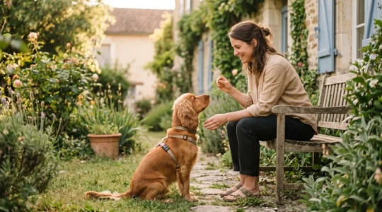 Propriétaire et chien de type Cocker dans un jardin résidentiel lors d'une séance d'éducation positive avec friandises, interaction calme et attentive, lumière naturelle d'après-midi