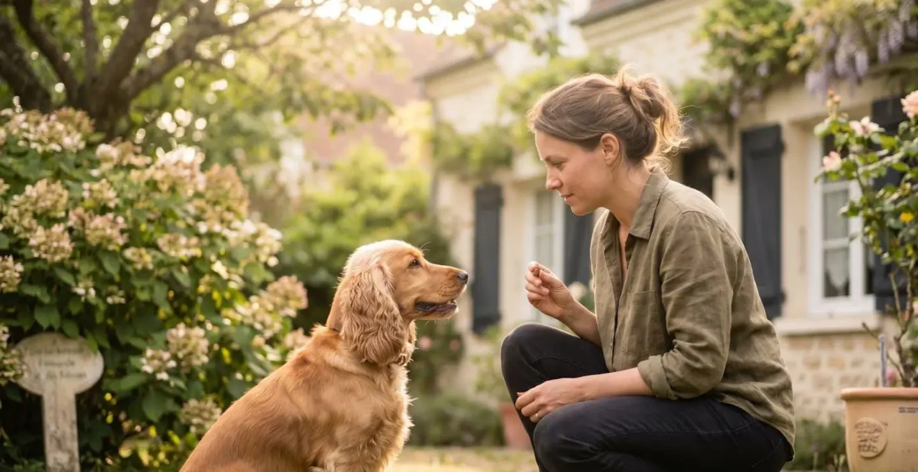 Propriétaire et chien de type Cocker dans un jardin résidentiel lors d'une séance d'éducation positive avec friandises, interaction calme et attentive, lumière naturelle d'après-midi