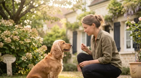 Propriétaire et chien de type Cocker dans un jardin résidentiel lors d'une séance d'éducation positive avec friandises, interaction calme et attentive, lumière naturelle d'après-midi