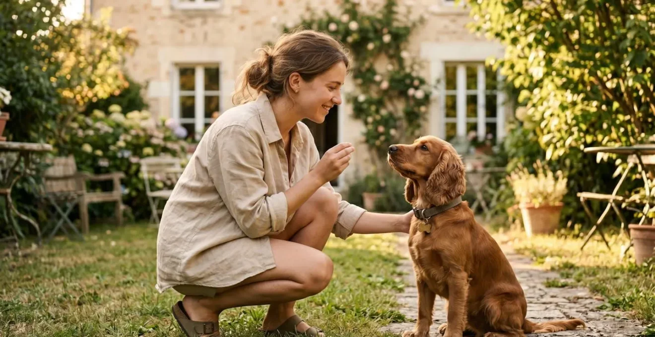 Propriétaire et chien de type Cocker dans un jardin résidentiel lors d'une séance d'éducation positive avec friandises, interaction calme et attentive, lumière naturelle d'après-midi