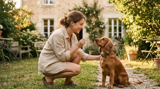 Propriétaire et chien de type Cocker dans un jardin résidentiel lors d'une séance d'éducation positive avec friandises, interaction calme et attentive, lumière naturelle d'après-midi