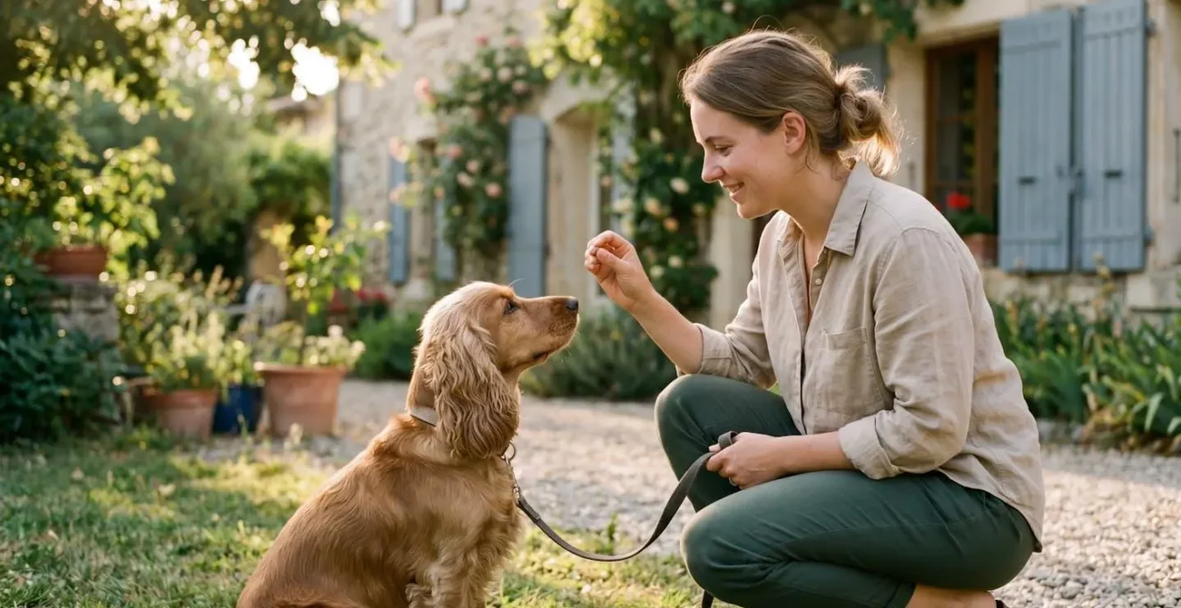 Propriétaire et chien de type Cocker dans un jardin résidentiel lors d'une séance d'éducation positive avec friandises, interaction calme et attentive, lumière naturelle d'après-midi