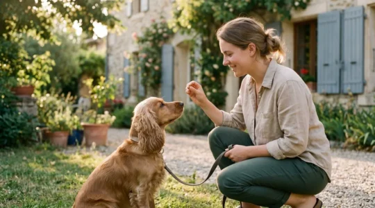 Propriétaire et chien de type Cocker dans un jardin résidentiel lors d'une séance d'éducation positive avec friandises, interaction calme et attentive, lumière naturelle d'après-midi