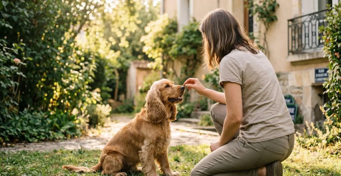Propriétaire et chien de type Cocker dans un jardin résidentiel lors d'une séance d'éducation positive avec friandises, interaction calme et attentive, lumière naturelle d'après-midi