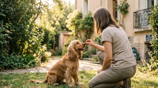 Propriétaire et chien de type Cocker dans un jardin résidentiel lors d'une séance d'éducation positive avec friandises, interaction calme et attentive, lumière naturelle d'après-midi