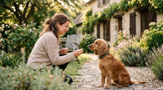 Propriétaire et chien de type Cocker dans un jardin résidentiel lors d'une séance d'éducation positive avec friandises, interaction calme et attentive, lumière naturelle d'après-midi