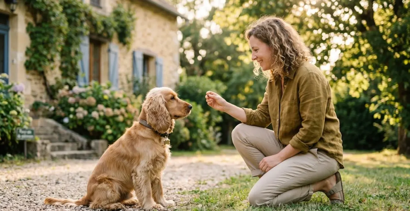 Propriétaire et chien de type Cocker dans un jardin résidentiel lors d'une séance d'éducation positive avec friandises, interaction calme et attentive, lumière naturelle d'après-midi