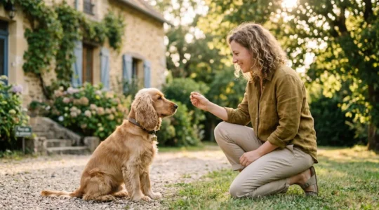 Propriétaire et chien de type Cocker dans un jardin résidentiel lors d'une séance d'éducation positive avec friandises, interaction calme et attentive, lumière naturelle d'après-midi