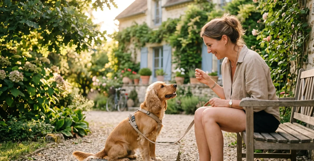Propriétaire et chien de type Cocker dans un jardin résidentiel lors d'une séance d'éducation positive avec friandises, interaction calme et attentive, lumière naturelle d'après-midi