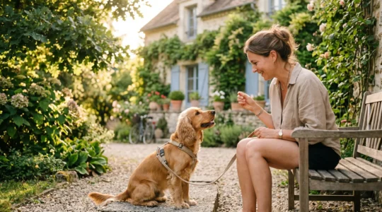 Propriétaire et chien de type Cocker dans un jardin résidentiel lors d'une séance d'éducation positive avec friandises, interaction calme et attentive, lumière naturelle d'après-midi