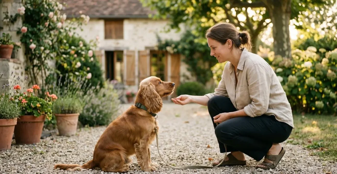 Propriétaire et chien de type Cocker dans un jardin résidentiel lors d'une séance d'éducation positive avec friandises, interaction calme et attentive, lumière naturelle d'après-midi
