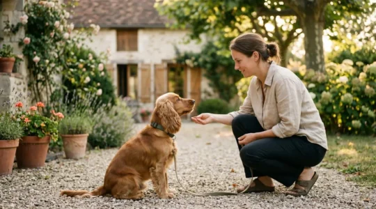 Propriétaire et chien de type Cocker dans un jardin résidentiel lors d'une séance d'éducation positive avec friandises, interaction calme et attentive, lumière naturelle d'après-midi