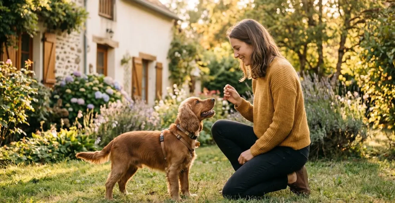 Propriétaire et chien de type Cocker dans un jardin résidentiel lors d'une séance d'éducation positive avec friandises, interaction calme et attentive, lumière naturelle d'après-midi