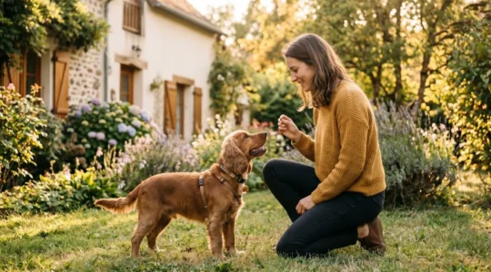 Propriétaire et chien de type Cocker dans un jardin résidentiel lors d'une séance d'éducation positive avec friandises, interaction calme et attentive, lumière naturelle d'après-midi