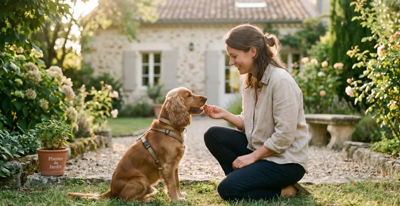 Propriétaire et chien de type Cocker dans un jardin résidentiel lors d'une séance d'éducation positive avec friandises, interaction calme et attentive, lumière naturelle d'après-midi