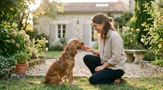 Propriétaire et chien de type Cocker dans un jardin résidentiel lors d'une séance d'éducation positive avec friandises, interaction calme et attentive, lumière naturelle d'après-midi