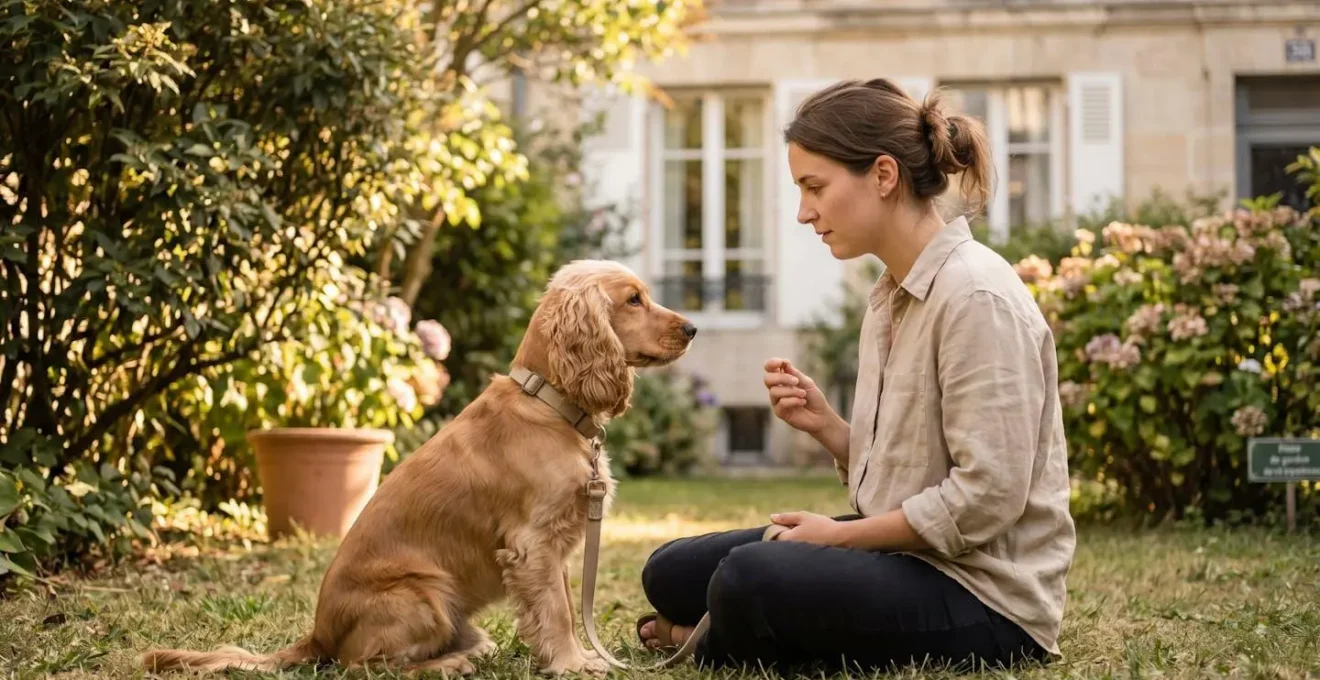 Propriétaire et chien de type Cocker dans un jardin résidentiel lors d'une séance d'éducation positive avec friandises, interaction calme et attentive, lumière naturelle d'après-midi