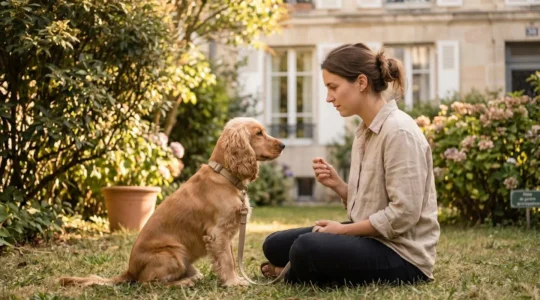 Propriétaire et chien de type Cocker dans un jardin résidentiel lors d'une séance d'éducation positive avec friandises, interaction calme et attentive, lumière naturelle d'après-midi