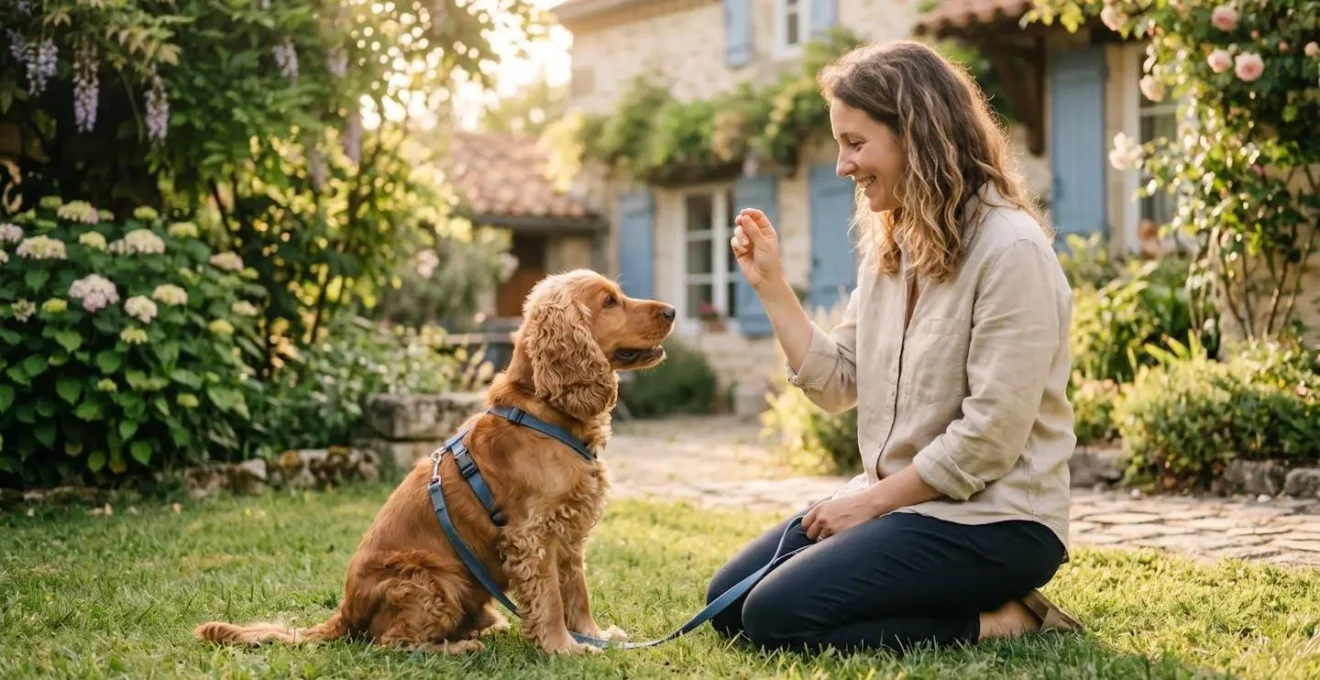 Propriétaire et chien de type Cocker dans un jardin résidentiel lors d'une séance d'éducation positive avec friandises, interaction calme et attentive, lumière naturelle d'après-midi