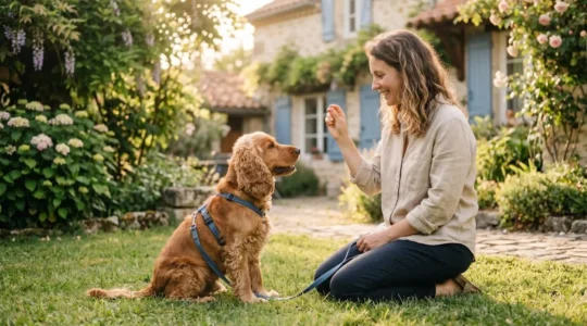 Propriétaire et chien de type Cocker dans un jardin résidentiel lors d'une séance d'éducation positive avec friandises, interaction calme et attentive, lumière naturelle d'après-midi