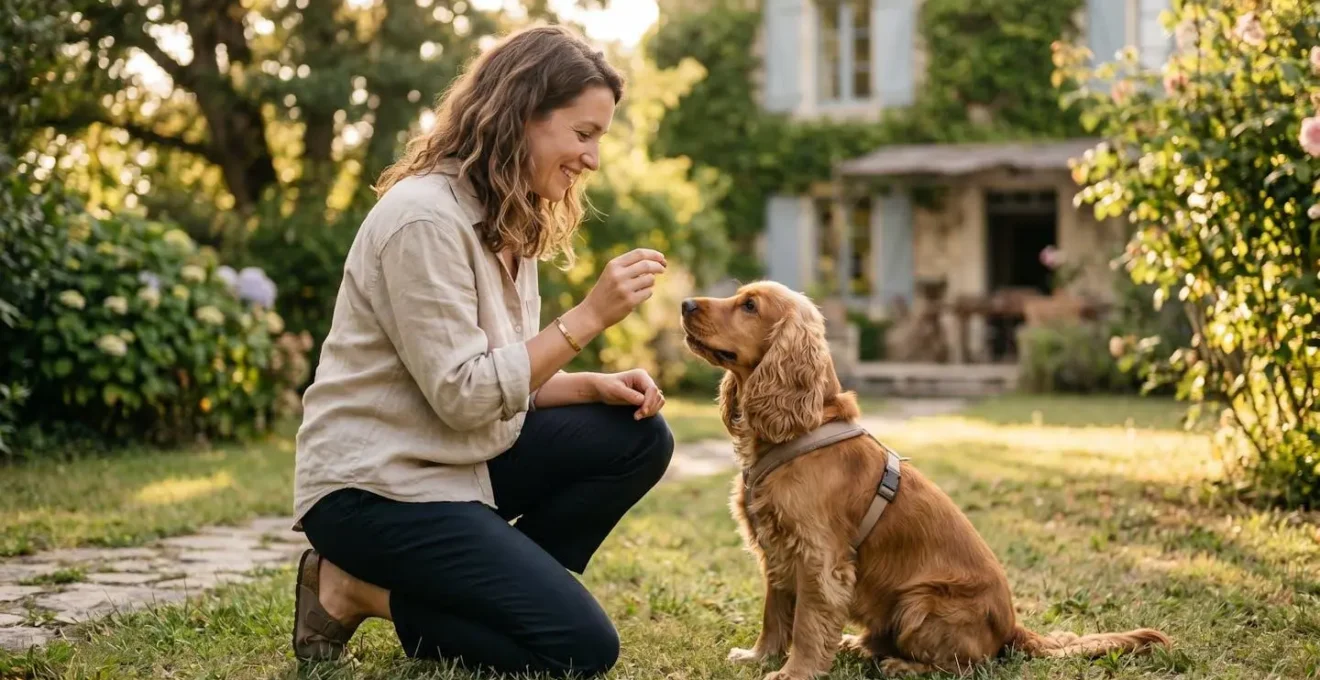 Propriétaire et chien de type Cocker dans un jardin résidentiel lors d'une séance d'éducation positive avec friandises, interaction calme et attentive, lumière naturelle d'après-midi