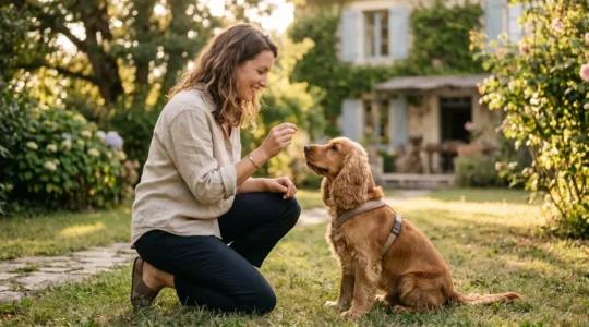 Propriétaire et chien de type Cocker dans un jardin résidentiel lors d'une séance d'éducation positive avec friandises, interaction calme et attentive, lumière naturelle d'après-midi
