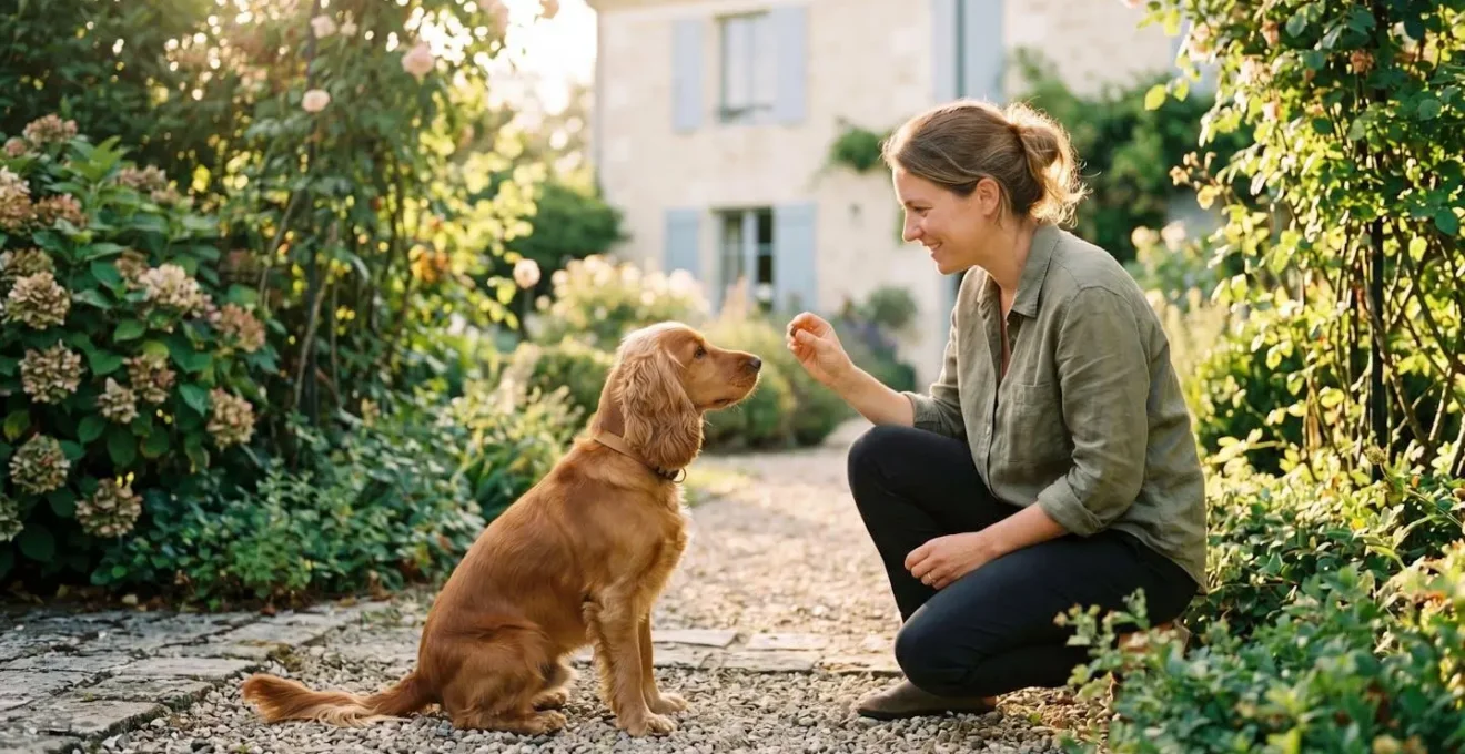Propriétaire et chien de type Cocker dans un jardin résidentiel lors d'une séance d'éducation positive avec friandises, interaction calme et attentive, lumière naturelle d'après-midi