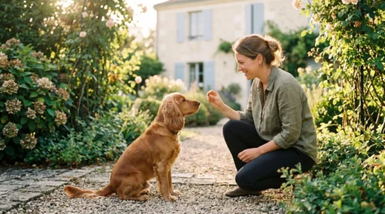 Propriétaire et chien de type Cocker dans un jardin résidentiel lors d'une séance d'éducation positive avec friandises, interaction calme et attentive, lumière naturelle d'après-midi