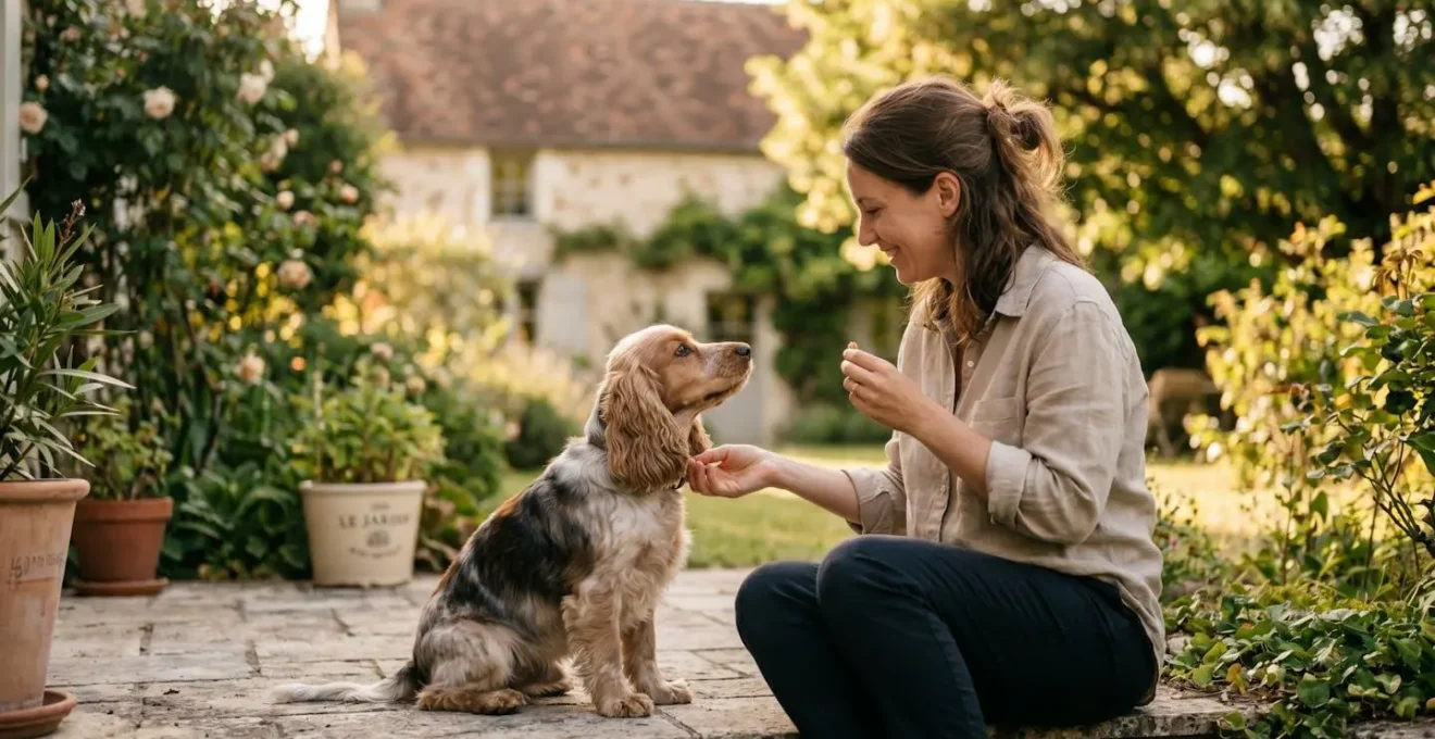 Propriétaire et chien de type Cocker dans un jardin résidentiel lors d'une séance d'éducation positive avec friandises, interaction calme et attentive, lumière naturelle d'après-midi
