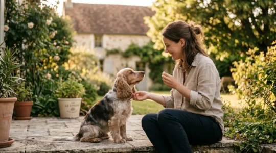 Propriétaire et chien de type Cocker dans un jardin résidentiel lors d'une séance d'éducation positive avec friandises, interaction calme et attentive, lumière naturelle d'après-midi