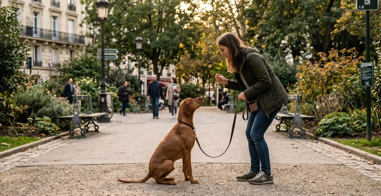 Propriétaire travaillant avec son chien en laisse dans un parc urbain français, exercice de désensibilisation avec récompense visible, chien en position d'attention positive, lumière naturelle chaude